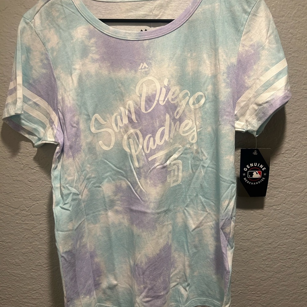 San Diego padres Majestic Light Blue and Purple Tie-Dye Shirt